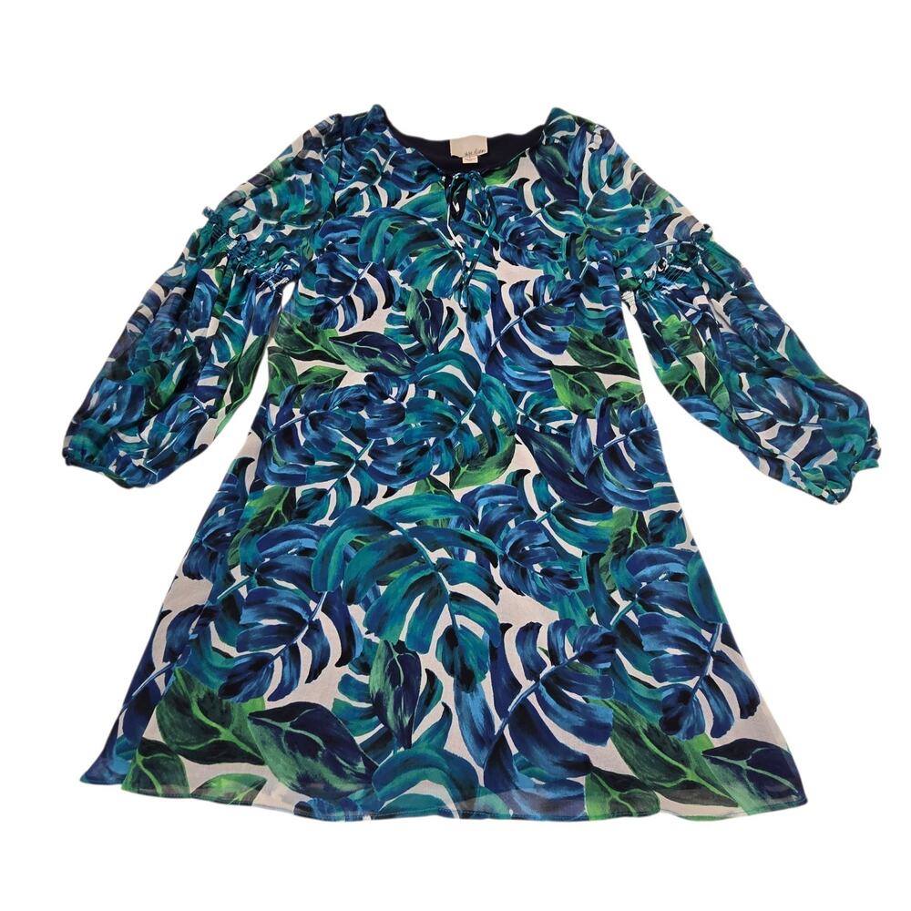 Chloe Oliver Shift Dress Womens Small Multi Palm Trees Balloon Sleeve Tie Top